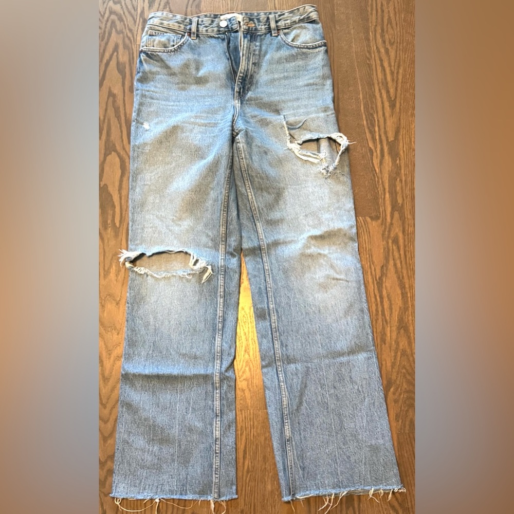 Zara Light Blue Distressed Flare Jeans